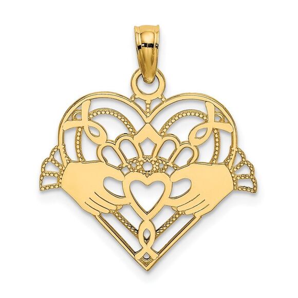 14k Yellow Gold Polished & Beaded Claddagh In Heart Charm